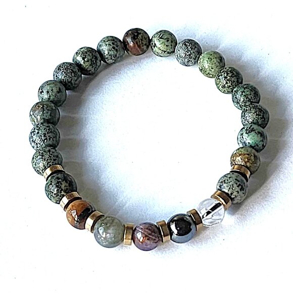 Men's African turquoise & brass stretch bracelet - Picture 1 of 6